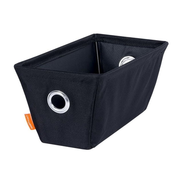 Rectangular black fabric storage bin with a low profile wire frame and silver metal grommet handles on each side.
