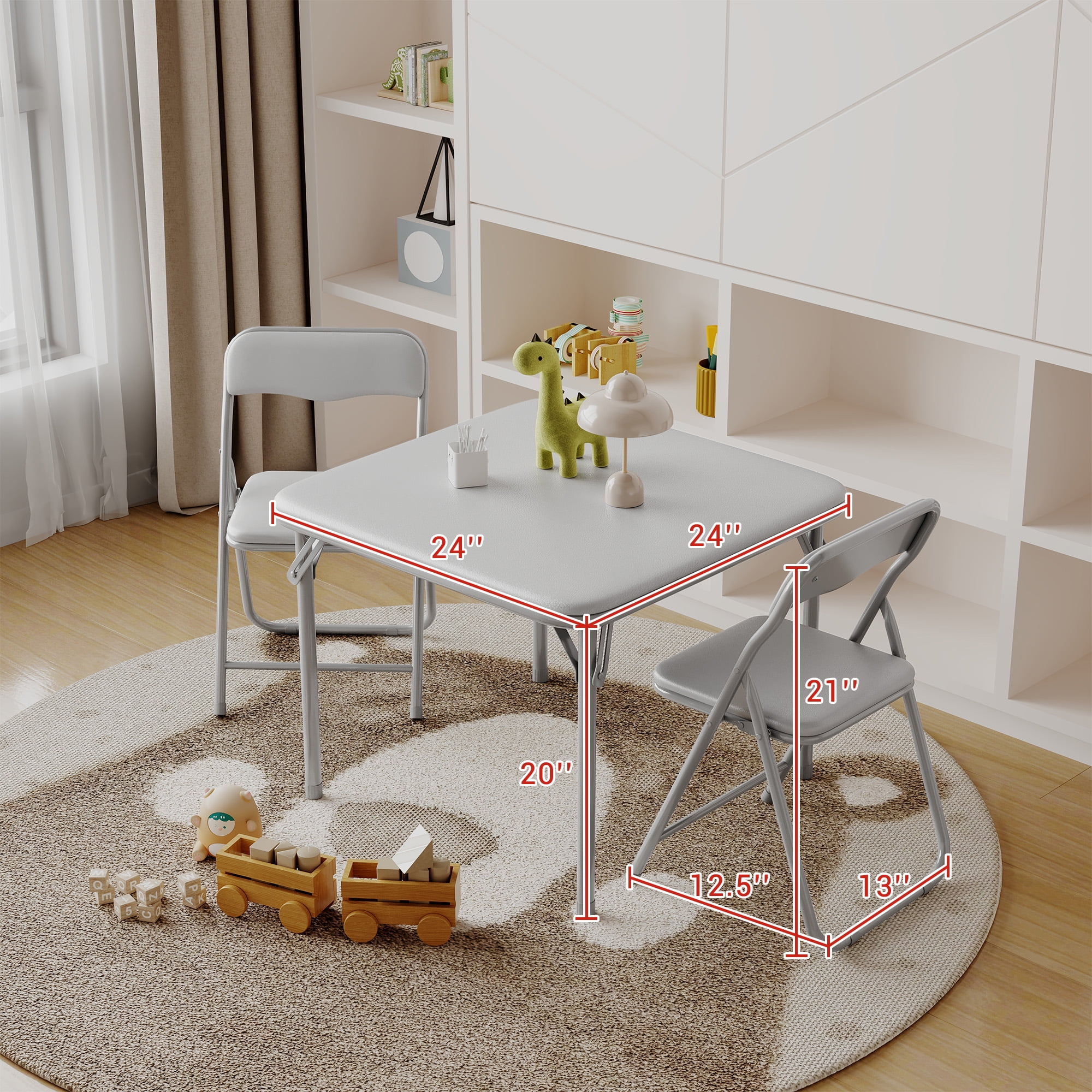 Rugerasy 3PC Folding Upholstered Table and Chair, Square Card Table and Chair Set with Pu Soft Cushion, Metal Frame Activity Table and Chairs Set for Daycare and Classroom,Grey