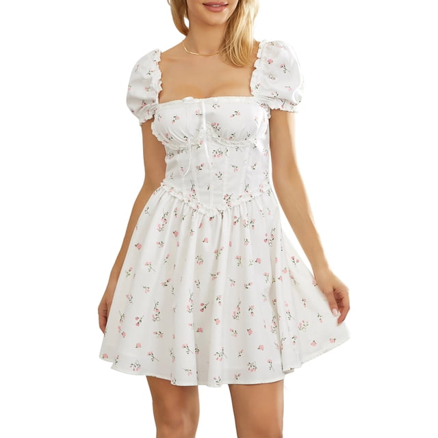 Gupgi Femmes Floral Mini Robe Casual Manches Courtes Corset A-Ligne Robes Vacances Robe de Soleil