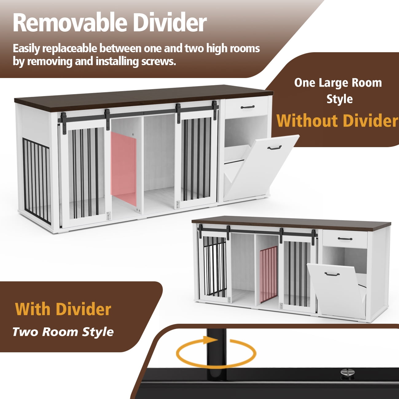 71'' Multi- Functional Dog Crate Furniture for 2 Dogs with Divider and Sliding Doors, Large Dog Kennel with Storage Drawer and Tilt Out Trash Cabinet, Whilte