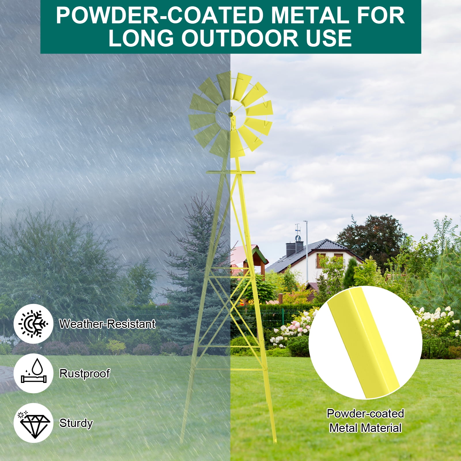 8FT Weather Resistant Yard Garden Windmill Weather Resistant, Ball Bearing for Quiet Operation, for Lawn,Garden, Yellow