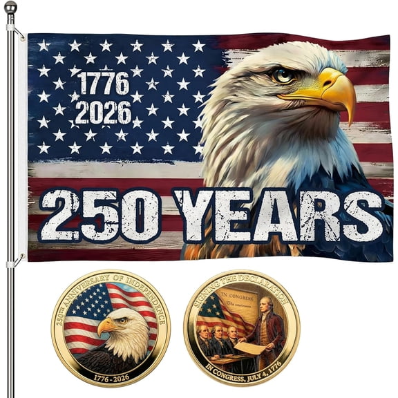 KUNPENG 250th Anniversary USA Flag 3x5 ft with Commemorative 1776-2026 Coin, Semiquincentennial America 250 Years United States Flag, Heavy Duty Polyester American Flag for Outdoor Indoor Decor