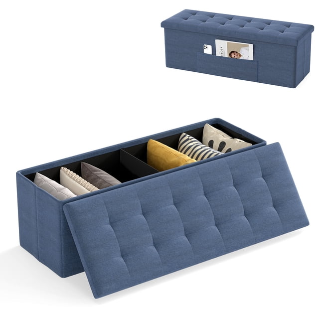 Gymax 43'' Folding Storage Ottoman Bench w/ Removable Divider & Side Pocket Bedroom Blue