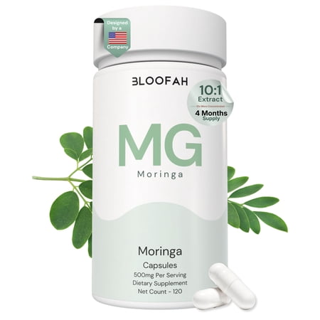 Bloofah MG Moringa Capsules 500mg | 10:1 Extract | Immune Support | Moringa Oleifera | Energy & Vitality Support | Non-GMO, Gluten-Free | No Unnecessary Fillers | Antioxidant Green Superfood - 120 Ct