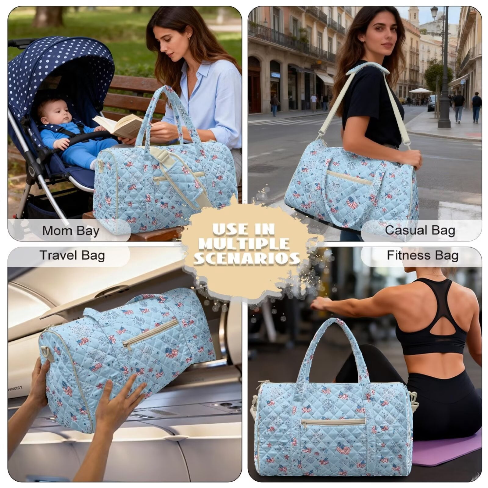 Xixirimido American Flags Firework Blue Print Travel Duffel Bags for Women Men Weekender Overnight Bag Carry On Quilted Fabric, Women Hospital Bags for Labor and Delivery