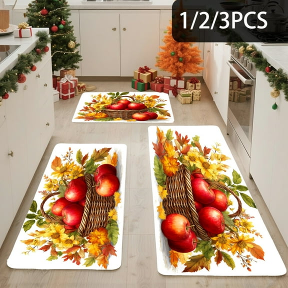 3PCS Kitchen Mat set,Welcome Door Flannel Rug,Home Decor for Front Door,Kitchen, Bathroom, Autumn Leaves And Red Apples ,Great Thanksgiving Day Housewarming gift for Family and Friends.