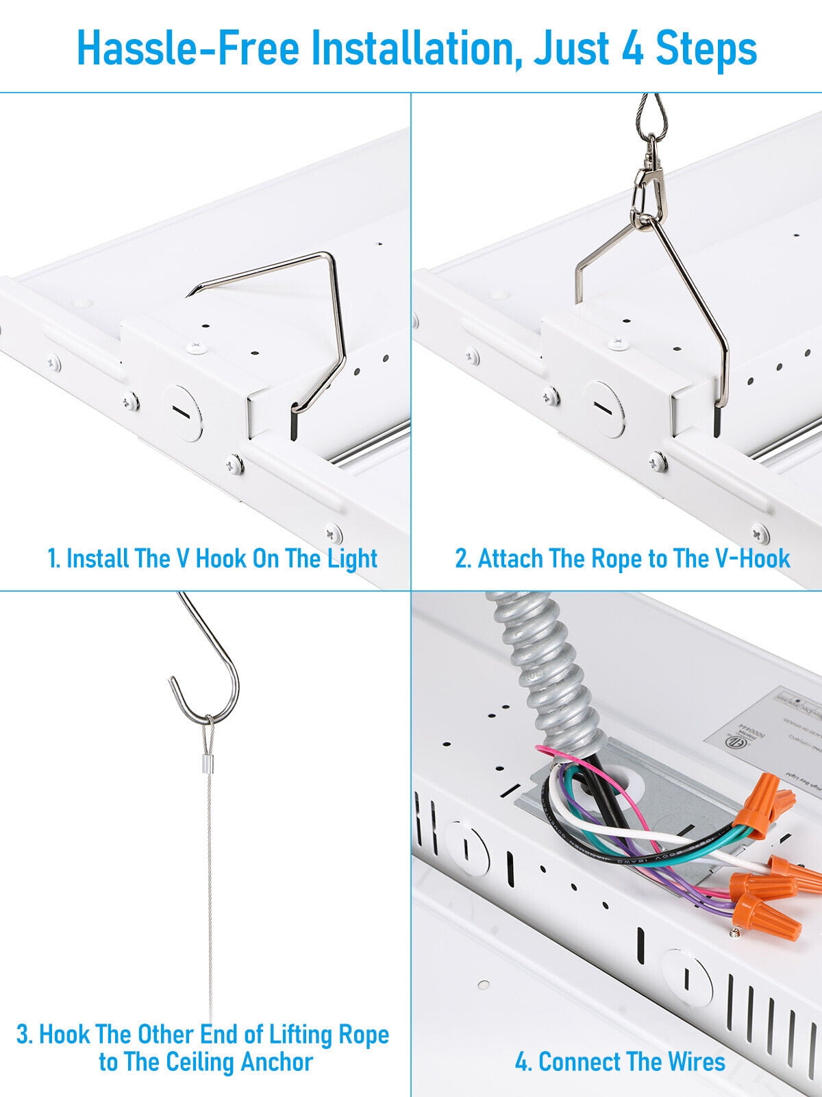 2FT LED Linear High Bay Light, 220W 29700LM 0-10V Dimmable Commercial Hanging Linear Shop Lights, 5000K Daylight