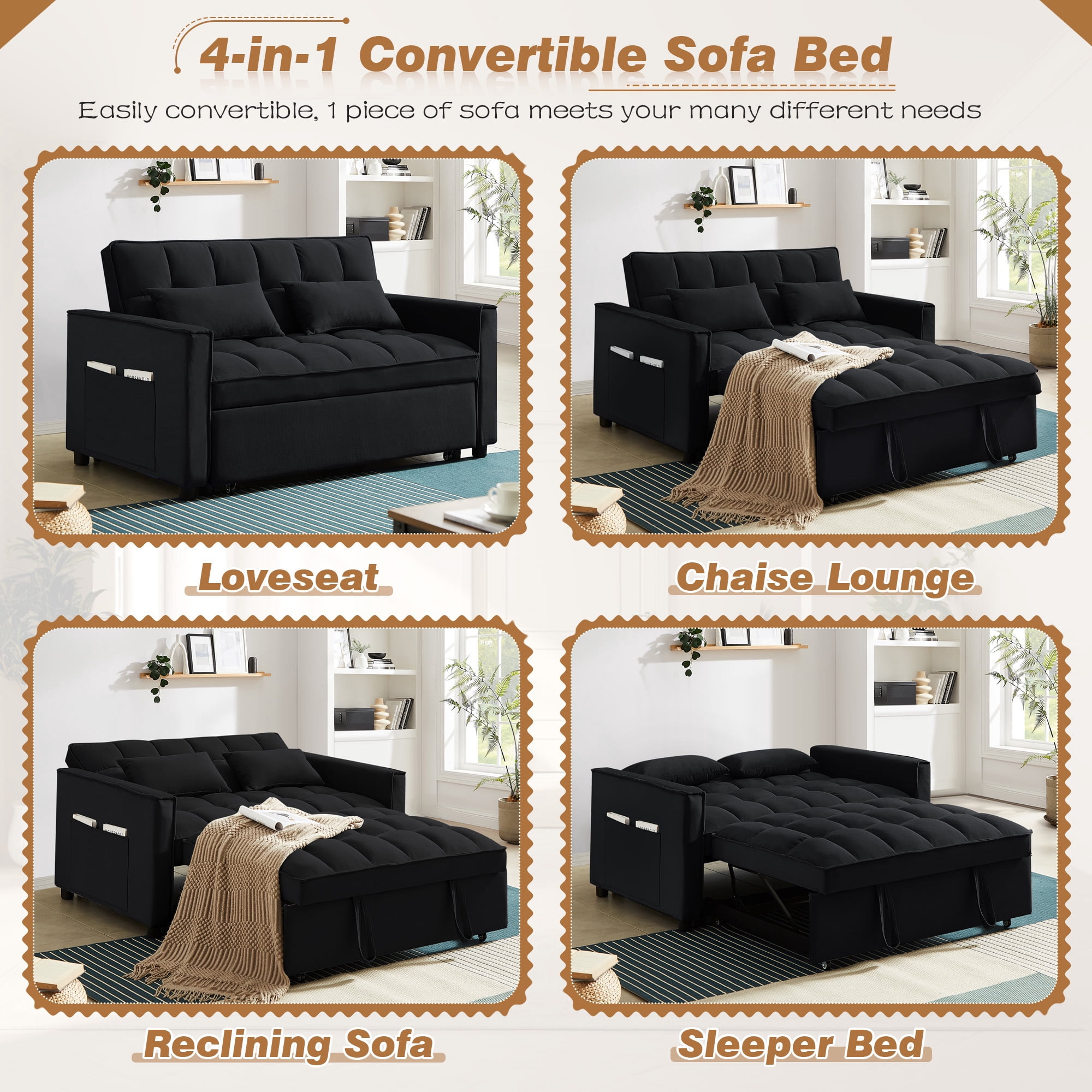 Lunale 4-in-1 Convertible Futon Sofa Bed, Pull Out Couch Beds Loveseat Sleeper, Black Velvet