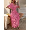 thumbnail image 7 of Womens Hot Pink V-Neck Short Sleeve Floral Print Maxi Dress With Slit, 7 of 7