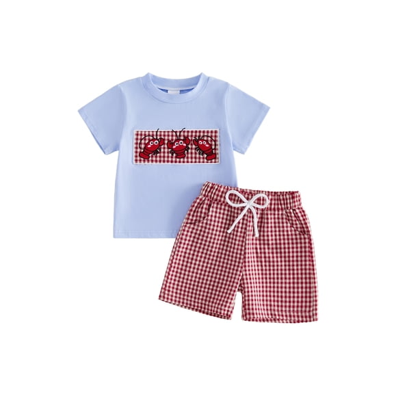 BemeyourBBs Toddler Baby Boy Crayfish Outfit Baby Boys Summer Clothes Cute Lobster Embroidered Short Sleeve T-shirts and Pokcets Plaid Shorts Set Toddler Boys 2 Piece Summer Outfit