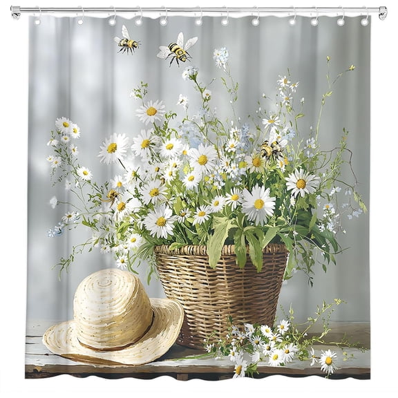 White Daisy Floral Shower Curtain Spring Flower Leaves Bee Sunhat Abstract Rustic Wildflowers Farmhouse Garden Bath Curtain Fabric Bathroom Accessories Decor with Hooks-48"W x 72"L (Pack of 1)