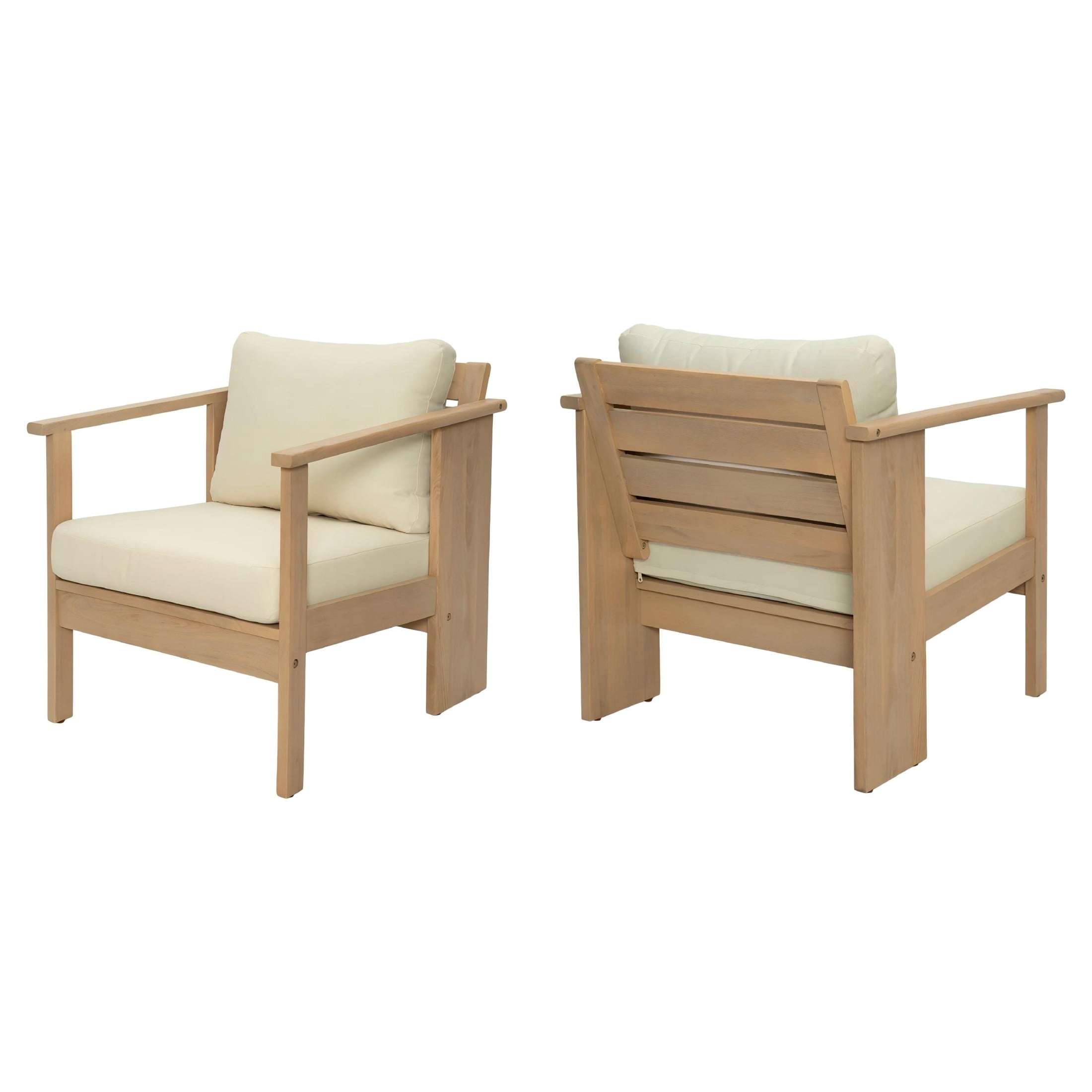 Christopher Knight Home Modern Acacia Wood Patio Club Chair with Cream Cushions, Light Teak Finish, Set of 2