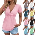 thumbnail image 2 of ZQGJB Womens Front Knotted V-Neck Blouse Trendy Ruched Pleated T Shirt Short Sleeve Oversized Flowy Tunic Tops Summer Solid Pullover Tees Navy M, 2 of 10
