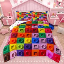 jejeloiu Building Block Game Queen Comforter Set,Colorful Geometric Brick Bedding Sets,Toy Gaming Bedding Comforter Set For Boys Kids,Ultra Soft Home Decor Reversible,3pcs