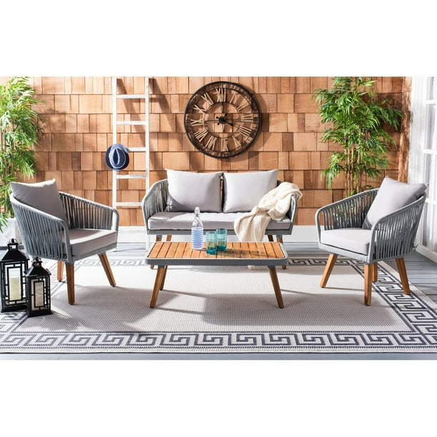 Safavieh Ransin Outdoor 4 Piece Conversation Set Grey/Grey Cushion