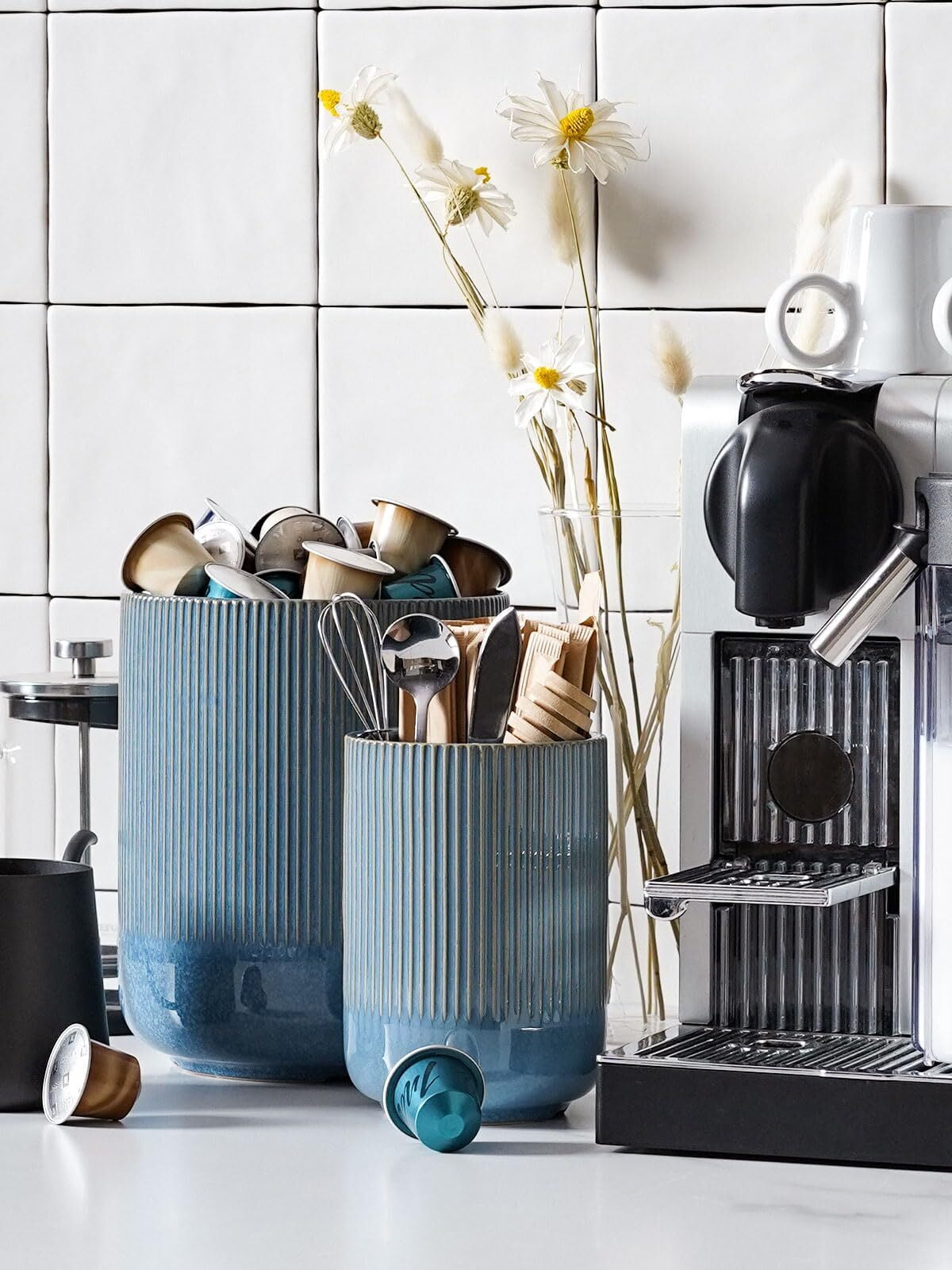 LE TAUCI Utensil Holder, 7.3"+5.4" Ceramic Utensil Crock, Plant Pots & Home Accessories, Pack of 2, Glaze Blue Serving Storage