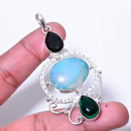Chalcedony & Multi Gemstone Handmade 925 Sterling Silver Pendant 2.73" P7