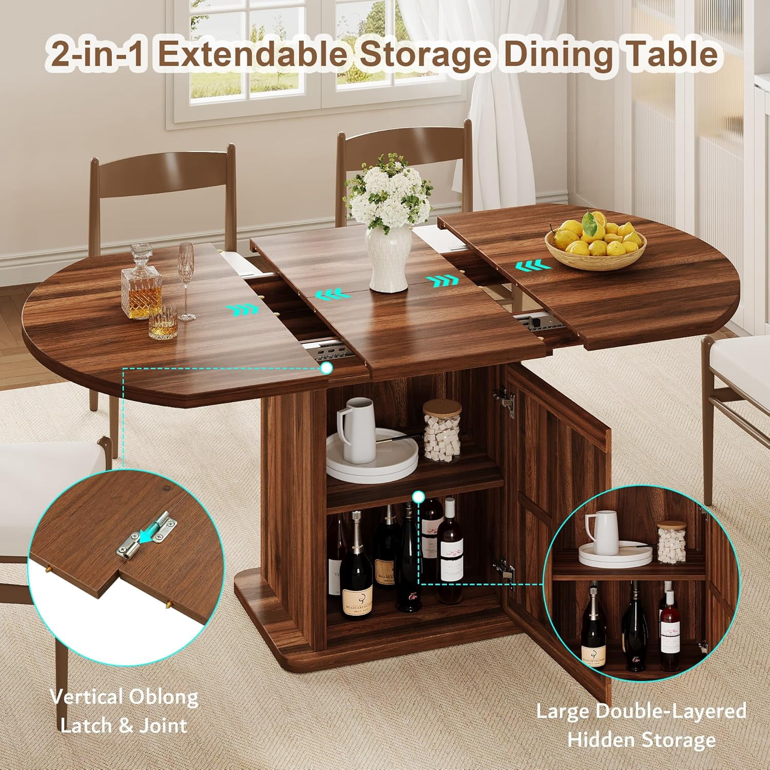 iPormis Extendable Round Dining Table for 4-6, 59'' Modern Kitchen Table with 2-Tier Storage Shelf, Wood Door, MDF Board, Space Saving Oval Dinner with Sturdy Pedestal Base, Kitchen, Dining,Walnut