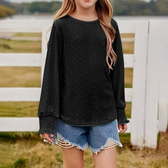 Size 3-12 Year Blouses for Girls Dressy Casual Crew Neck Eyelet Tops Long Sleeve Shirts Puff Sleeve Tunics with Curved Hem