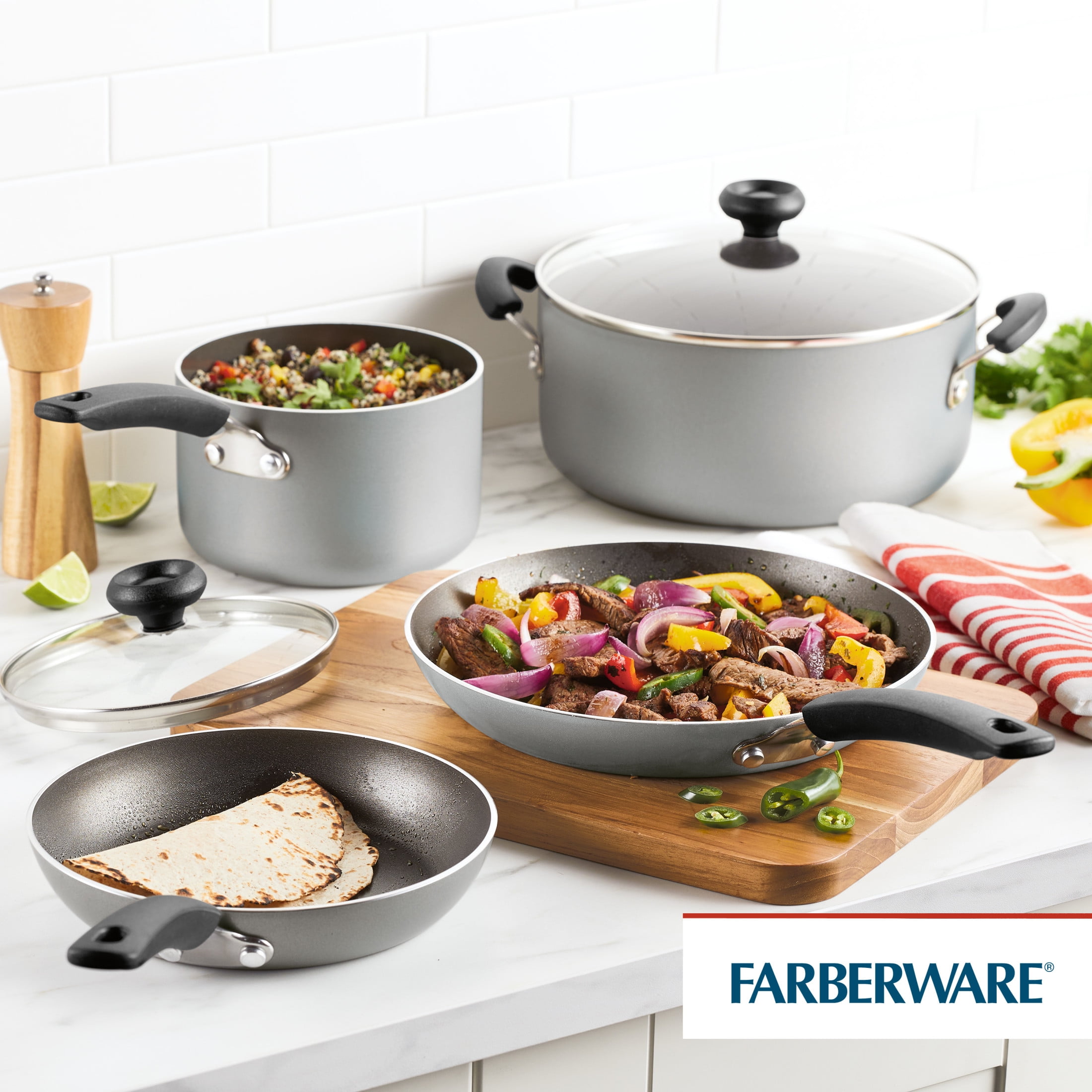 Farberware Easy Clean 11 Piece Aluminum Nonstick Cookware Pots and Pans Set, Silver
