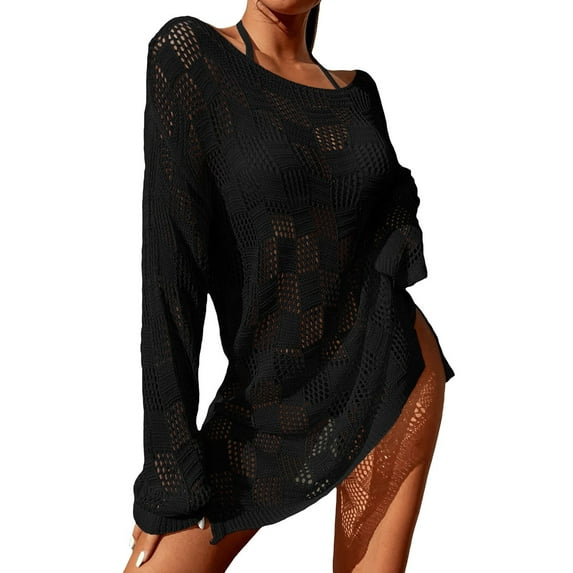 Liacowi Women Crochet Knit Blouse See Through Bikini Cover Up Casual Loose Tunic Tops Swim Beach Bathing Suit Clothing