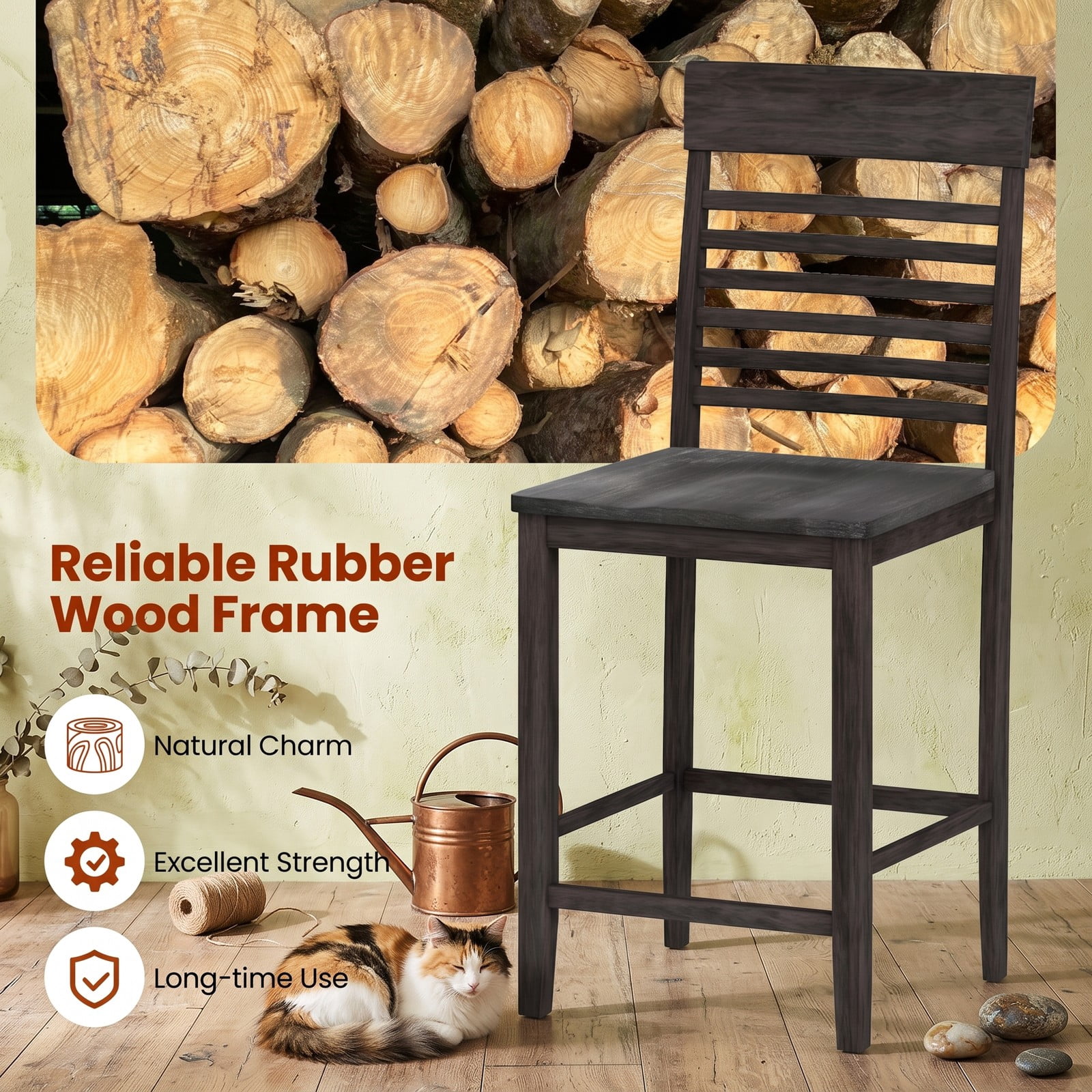 Furnibear Dining Chair Set of 2 with Footrests, Solid Rubber Wood Frame, Slatted Backrest Ergonomic Kitchen Side Chairs for Dining Room, Guest Room, 310 lbs, Gray