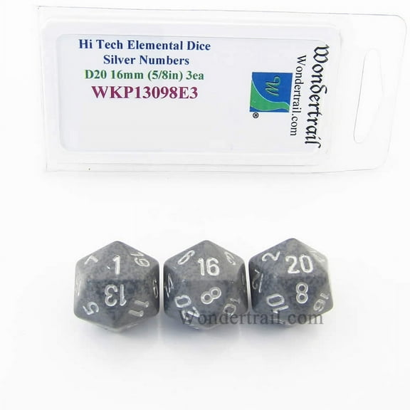 Hi Tech Elemental Dice with Silver Numbers 16mm (5/8in) D20 Pack of 3 Wondertrail