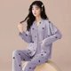 thumbnail image 1 of Pijamas de primavera y otoño para mujer, cárdigan de algodón de imitación con cuello en V, pantalones de manga larga, conjunto de ropa holgada para el hogar con dibujos animados, 1 of 6