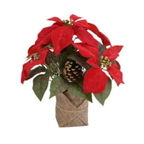 Christmas Poinsettia Table Decoration – Artificial Pine Cone & Berry Centerpiece – 11.8” Faux Floral Desktop Arrangement for Holiday, Home & Office Decor