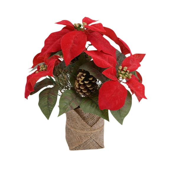 Christmas Poinsettia Table Decoration – Artificial Pine Cone & Berry Centerpiece – 11.8” Faux Floral Desktop Arrangement for Holiday, Home & Office Decor