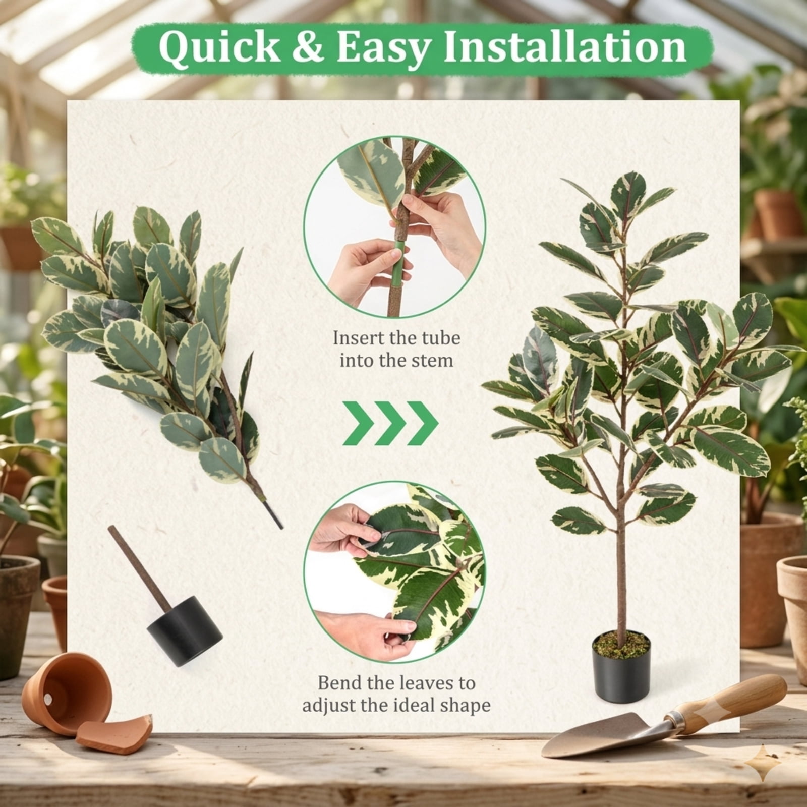 Vebreda 2-Pack 51-Inch Artificial Variegated Rubber Trees in Cement-Filled Pots, Faux Ficus Elastica Plants for Indoor Decoration