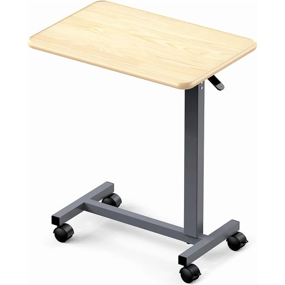 MY Adjustable Overbed Table with Wheels, Bedside Rolling Table, Pneumatic Height Adjustment, Hospital Bed Table on Wheels, Standing Desk, Bedridden & Mobility Needs, Maple