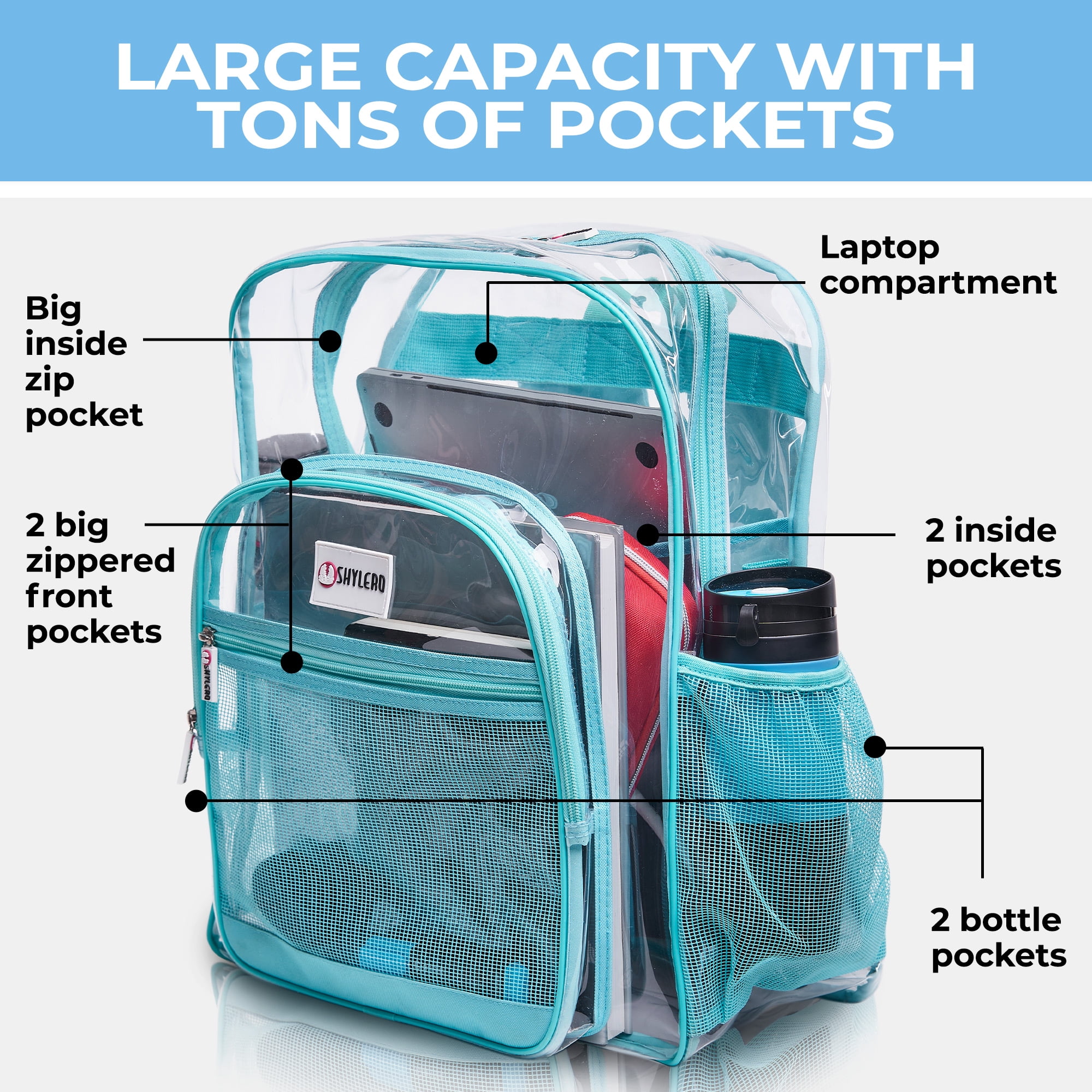 Clear Backpack For Work and School XL (32 L) | TSA Lock | 2-WAY Zip | Transparent PVC | H18