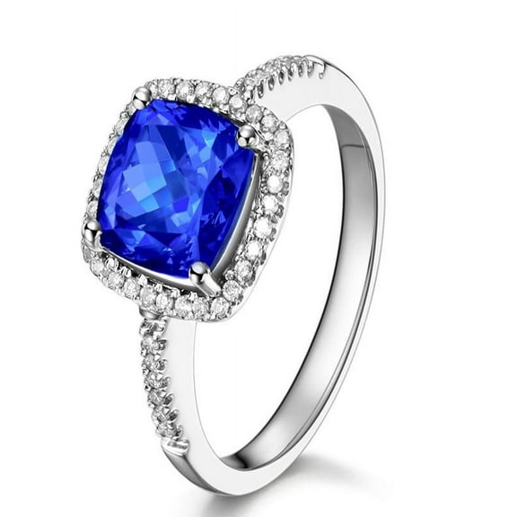 1.50 Carat cushion cut Blue Sapphire and Diamond Halo Engagement Ring in White Gold