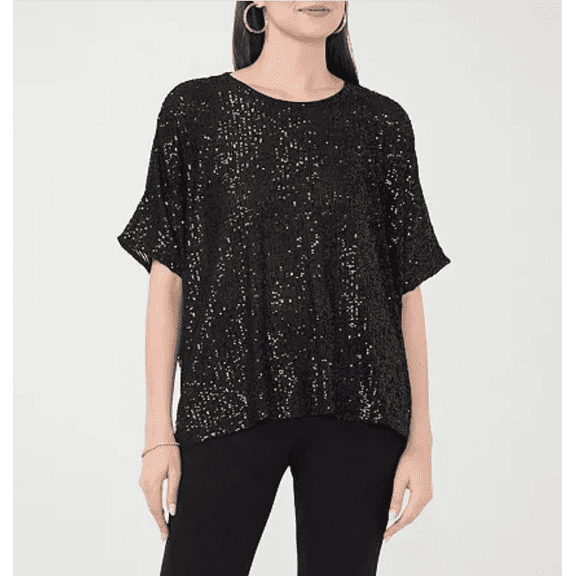Msk Women's Round-Neck Short-Sleeve Sequined Top - Black