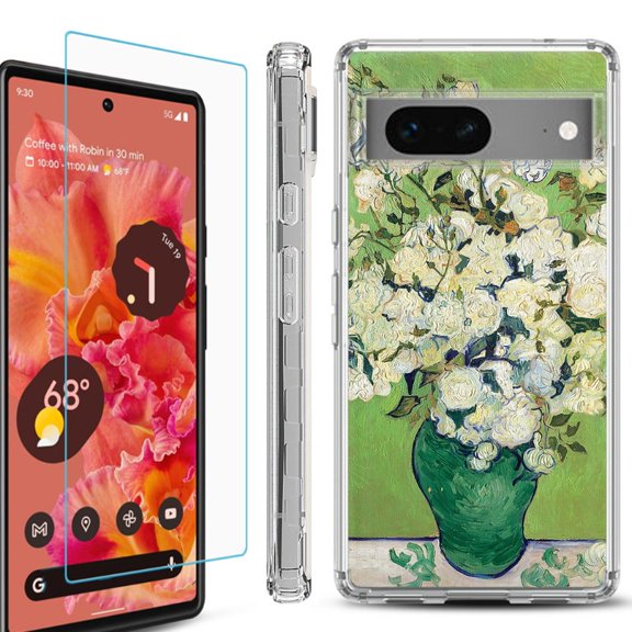 OneToughShield ® Compatible with Google Pixel 8, Shockproof Phone Case, with Tempered Glass Screen Protector - White Roses
