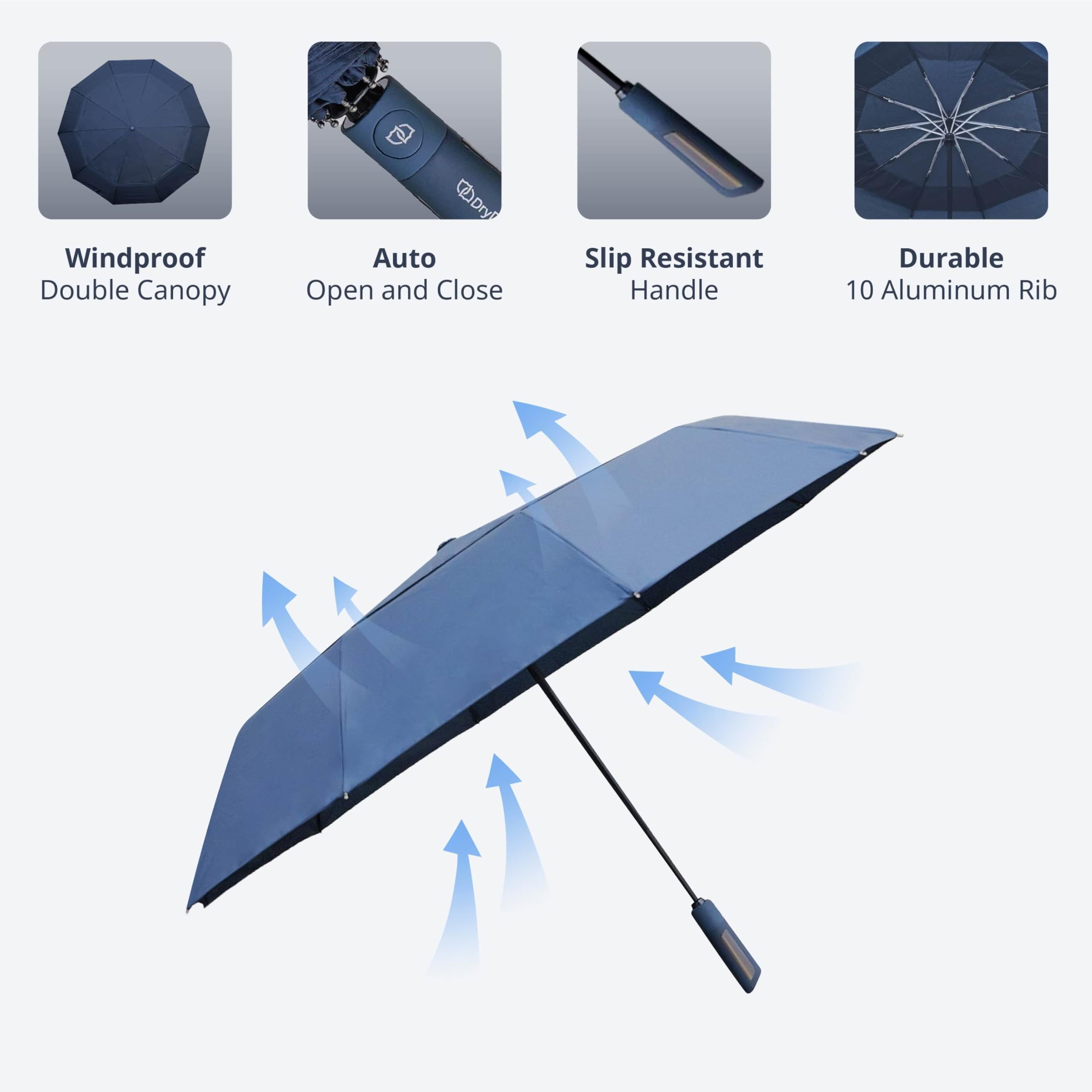 DryDay 47” Premium Umbrellas for Rain, Large Windproof Double Canopy Umbrella, 10 Aluminum Ribs, Sturdy Frame, Auto Open Close Unique Handle, Windproof & Waterproof Umbrella for Women & Men, DarkGray