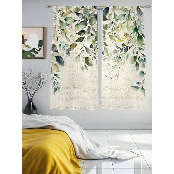Pastoral Floral Plant Sheer Curtains 72 inches Long 2 Panels Set Sage Green Eucalyptus Leaves Beige Tiers Sheers Rod Pocket Small Window Short Curtains for Kitchen Cafe, Each 52" W x 72" L