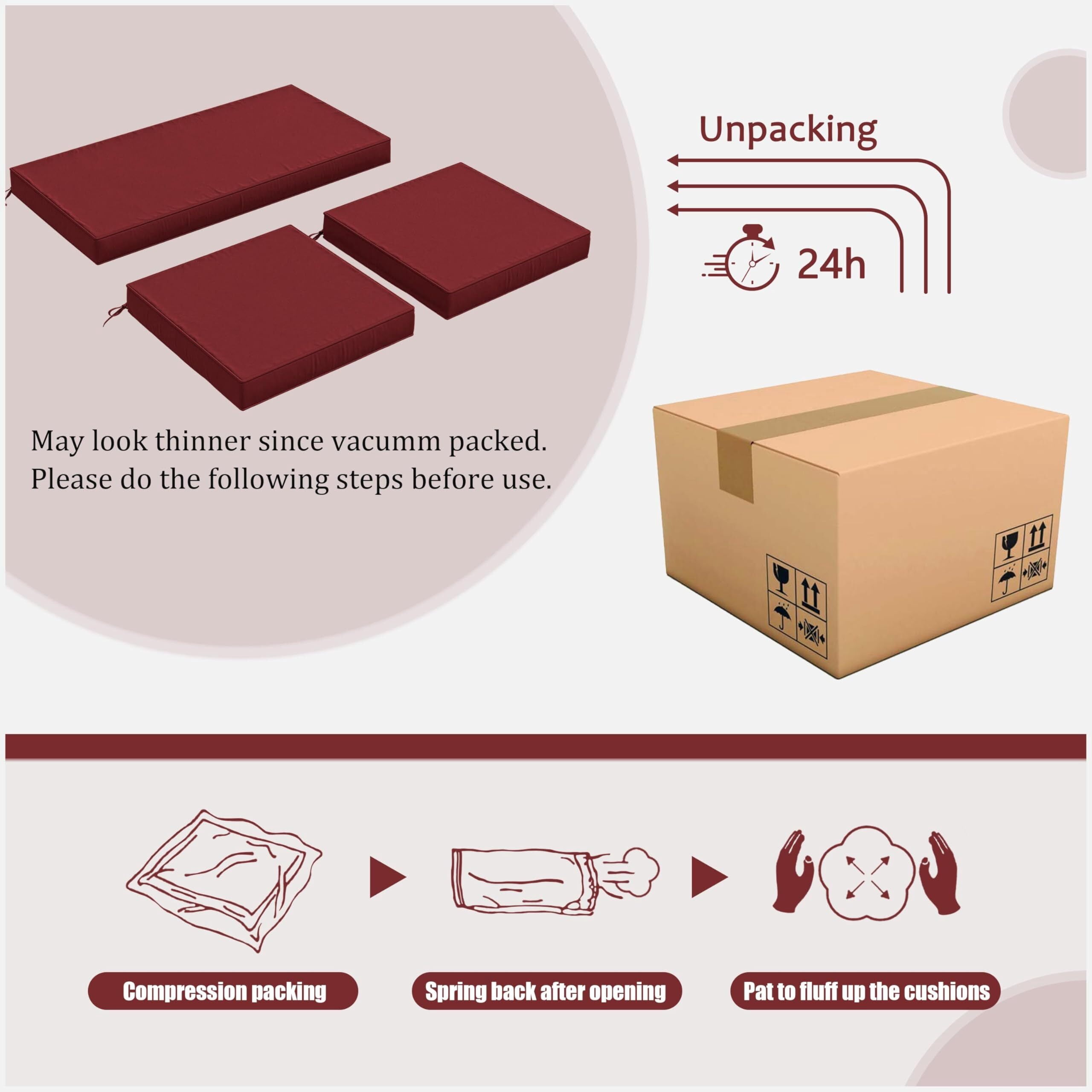 Kimunuk 3 Piece Wicker Chair Cushions, Waterproof Patio Loveseat Chair Cushions Set for Outdoor Indoor Furniture, Burgundy