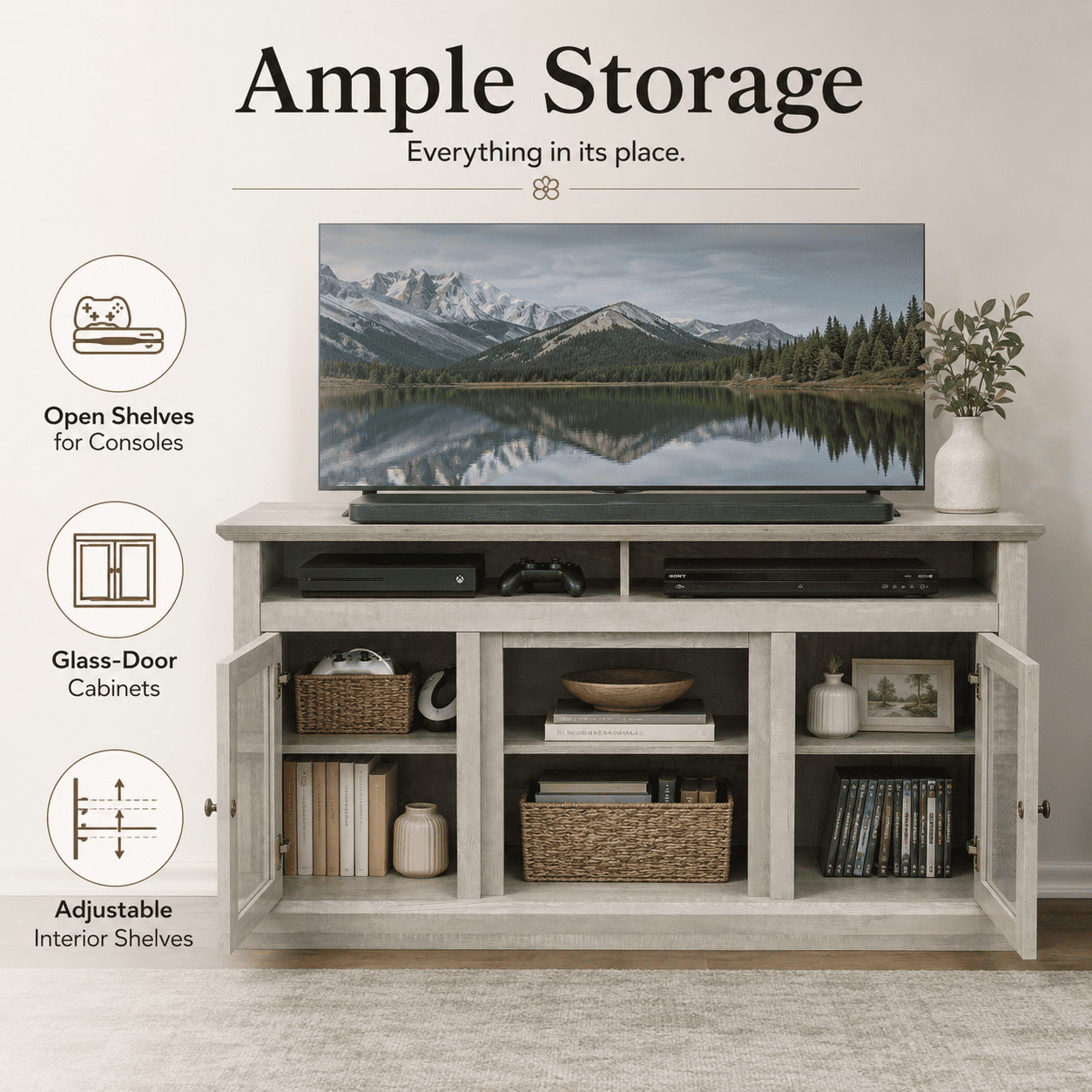 Aukfa 60" Farmhouse TV Stand for TVs up to 65", Wood Entertainment Center, Cable Management, Gray