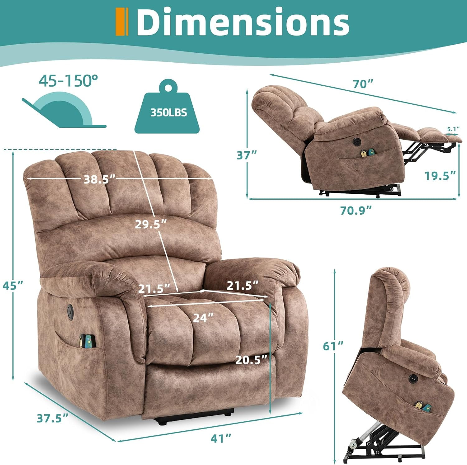 MEETWARM Power Lift Recliner for Seniors, Massage & Heated, USB Ports, Plush-Brown