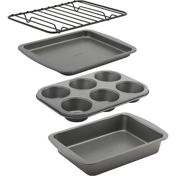 4-Piece Nonstick Steel Toaster Oven Set with Sheet Pan, Rack, Cake Pan, and Muffin Pan, Gray, 4-Piece Set Distributes Heat Evenly, Nonstick Coating, Dishwasher-Safe