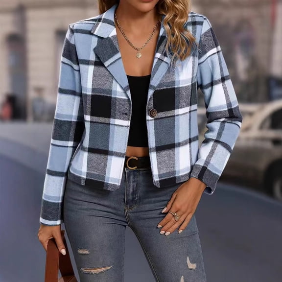jobturf Cropped Jacket Women Single Breasted Notched Lapel Plaid Shacket Dressy Casual Long Sleeve Going Out Tops Fall Spring Fashion Coats