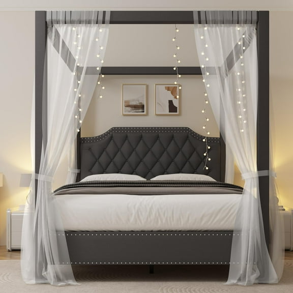 EcoSummer Queen Canopy Bed Frame with Nailhead Trim – Upholstered Velvet 4-Post Bed with Button Tufted Headboard, Solid Wood Slats & Metal Support, Gray