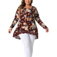 thumbnail image 2 of Agnes Orinda Women's Plus Size Crew Neck Lace Trim A-Line High Low Hem Floral Blouse Tunic Tops 1X Burgundy, 2 of 6