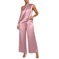 thumbnail image 5 of Womens Satin Two Piece Set Asymmetrical One Shoulder Top High Waist Wide Leg Pants Elegant Party Outfit Pink L(L), 5 of 6