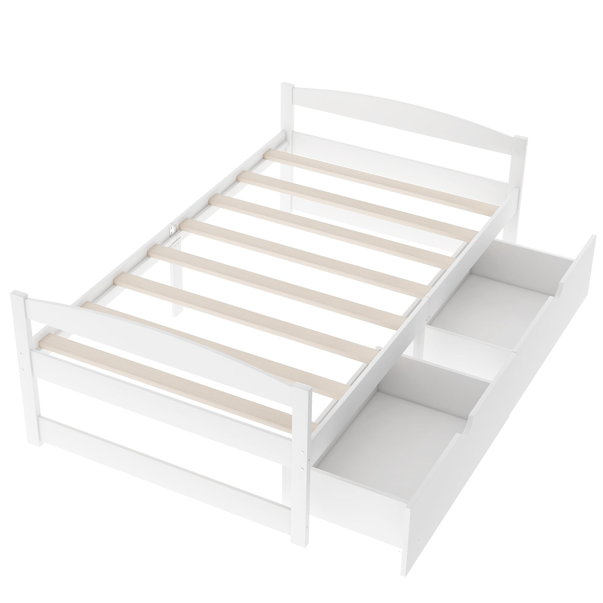PORKISS Twin Bed Frame with 2 Storage Drawers, White Twin Size Platform Bed with Wood Slat Support, No Box Spring Needed, Wood Bed Frame for Kids, Teens, Guest Room