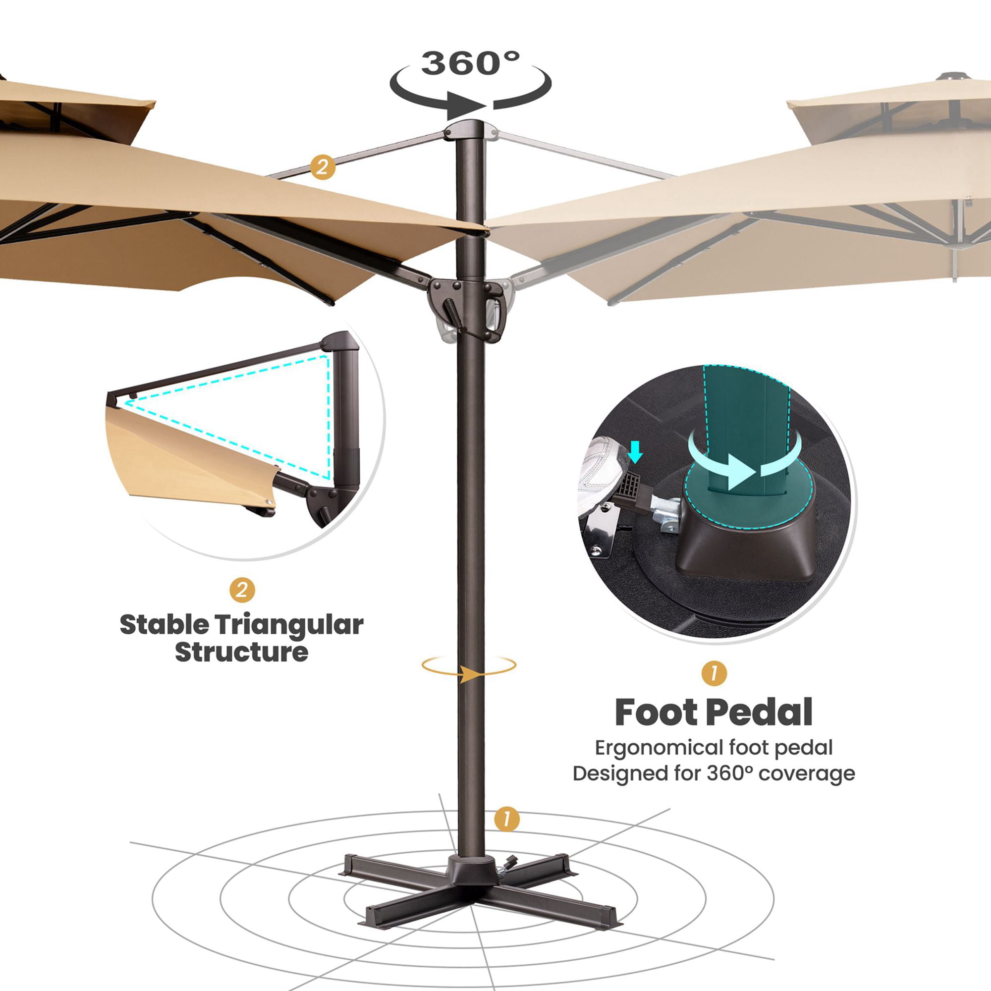 Pellebant 11 ft. x 9 ft. Rectangular Double Top Patio Cantilever Umbrella, Tan