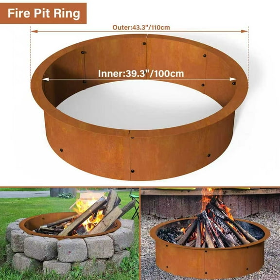 39" Fire Pit Ring for DIY Campfire Wood Burning Round Insert Fire Pit Liner for Outdoor Camping Cooking Bonfire Above or In-Ground, Heavy Duty Solid Metal, Easy Assembly, Rusty