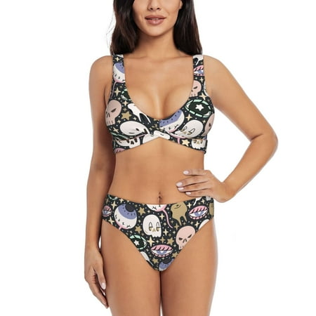 Zeuib cartoon cute Skull star High Waisted Tummy Control Bikini Set - Knot Front Push Up Top & Cheeky Thong Bottom  Two-Piece Swimsuit for Women-XX-Large